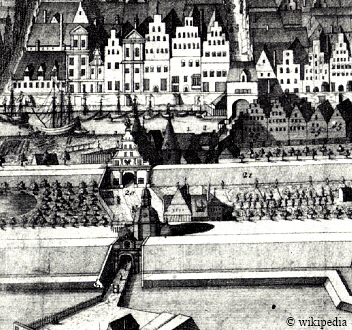 Die Holstentoranlage von L�beck um 1728  -  F�r eine gr��ere Darstellung auf das Bild klicken.