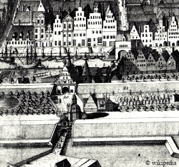Die Holstentoranlage von Lbeck um 1728  -  Fr eine grere Darstellung auf das Bild klicken.