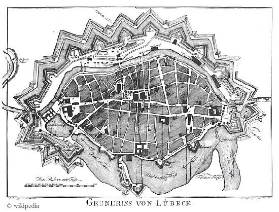 Grundriss von L�beck mit Befestigungsanlage um 1787 - letzter und gr�sster Ausbaustand der Befestigungsanlage    -    F�r eine gr��ere Darstellung auf das Bild klicken.